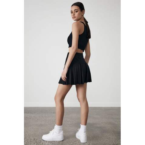 Women Black Pleated Basic Mini Tennis Skirt - Siyah