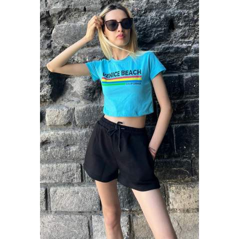 Turquoise Printed Crop T-Shirt MG1535 - Turkuaz