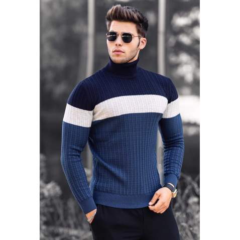 Madmext Navy Blue Three-Tone Roll Neck Jumpers 4678 - Lacivert