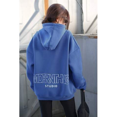 Mad Girls Blue Printed Oversize Sweatshirt MG1287 - Mavi