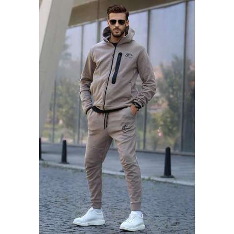 Men Printed Beige Tracksuit - Bej