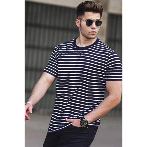 Madmext Men Striped Navy Blue T-shirt 5275 - Lacivert