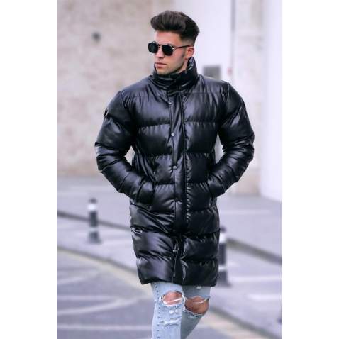 Men Black Long Puffer Jacket - Siyah