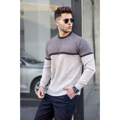 Madmext Men Color Blocked Brown Sweater 4734 - Kahverengi