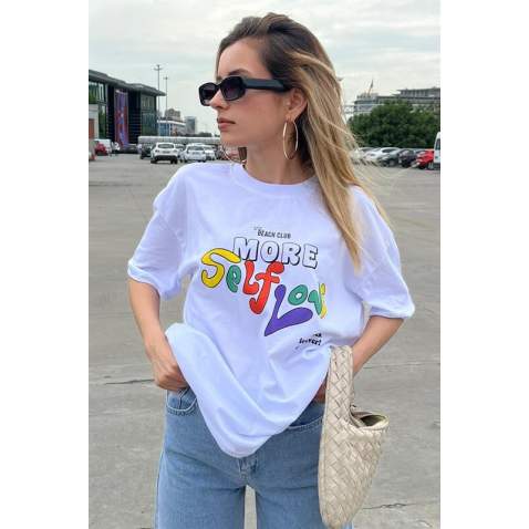 White Printed Oversize T-Shirt MG1522 - Beyaz