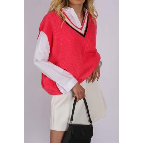 Women Striped Fuchsia Sweater - Fuşya