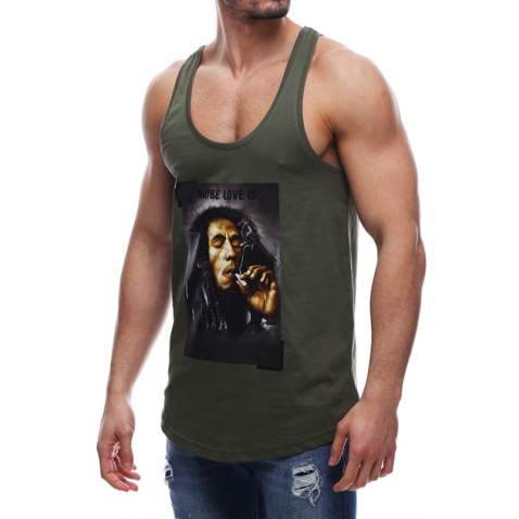 Sleeveless T-Shirt In Bob Marley's Printed and Khaki Color 2634 - Haki yeşili