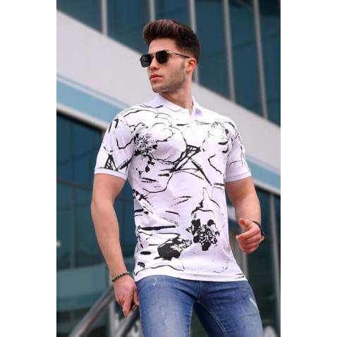 Men Designed White Polo T-Shirt - Beyaz