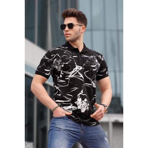 Men Designed Black Polo T-Shirt - Siyah