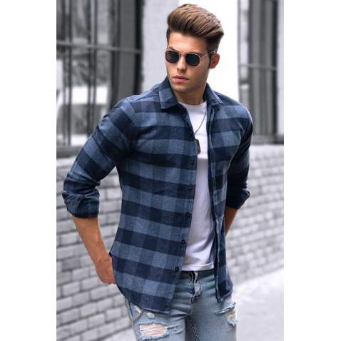 Madmext Men Plaid Indigo Shirt 4664 - İndigo