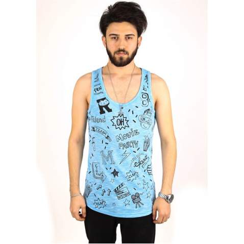 Madmext Printed Blue Tank Top 2319 - Mavi