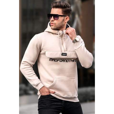 Madmext Beige Kangaroo Pocket Hooded Sweatshirt 4729 - Bej