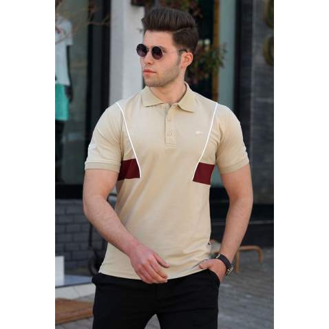 Madmext Men Striped Beige Polo T-shirt 5243 - Bej