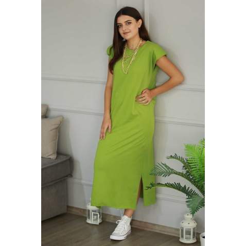 Mad Girls Green Shoulder Pad Slit Midi Dress MG357 - Yeşil