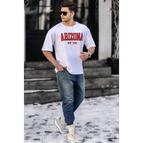 Madmext White Printed T-shirt for Men 4958 - Beyaz