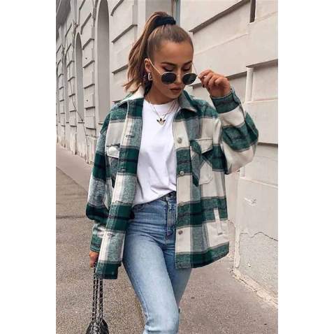 Mad Girls Oversize Green Lumberjack Shirt MG042 - Yeşil