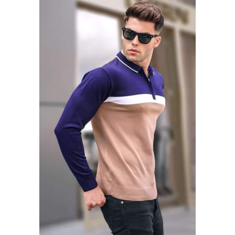 Beige Zipped Knitwear Polo Sweater 5787 - Bej