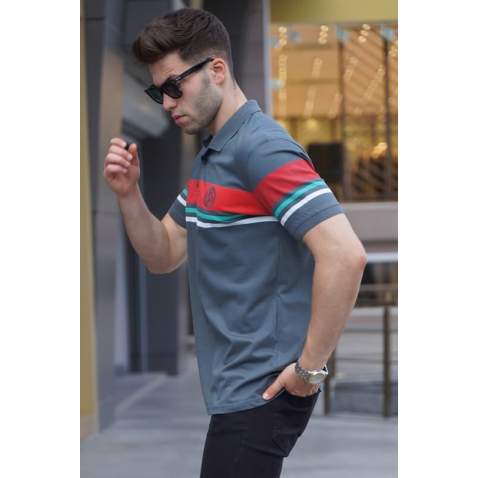 Striped Smoke Gray Polo T-Shirt 5877 - Füme