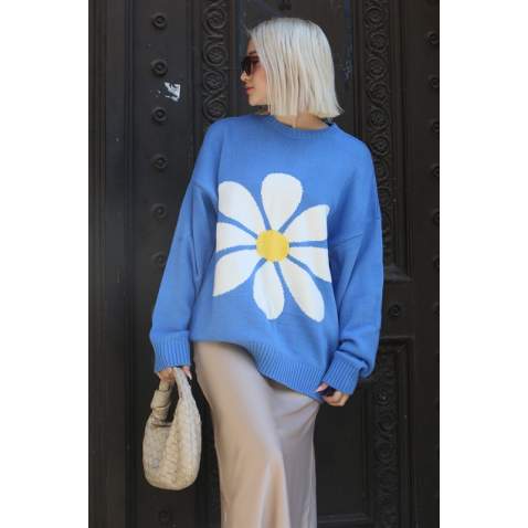 Women Designed Blue Oversize Sweater MG1427 - Mavi