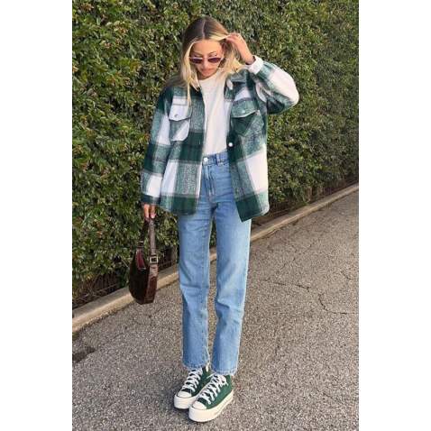 Mad Girls Oversize Green Lumberjack Shirt MG042 - Yeşil