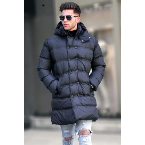 Black Hoodie Long Puffer Jacket 5708 - Siyah