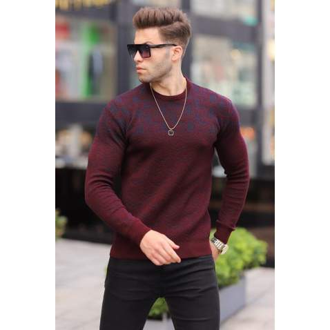 Maroon Designed Knitwear Sweater 5971 - Bordo