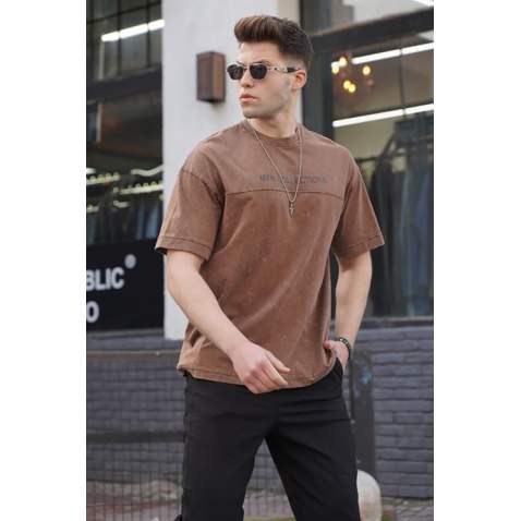 Men Printed Brown Oversize T-Shirt - Kahverengi