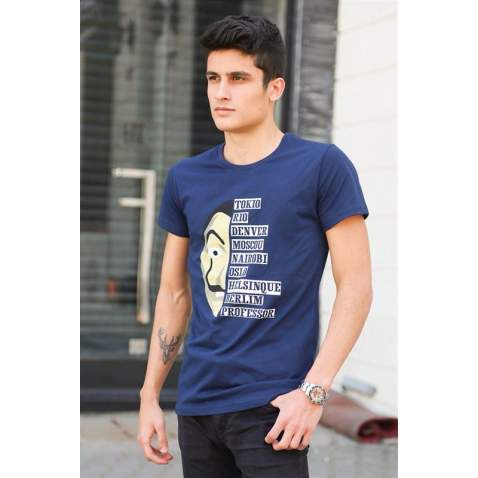 Madmext Navy Blue Printed T-shirt for Men 4016 - Lacivert