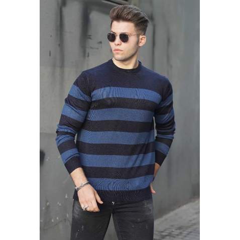 Madmext Indigo Striped Men Knitwear Jumper 9415 - İndigo