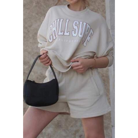 Mad Girls Printed Beige Sweatshirt Mg1204 - Bej