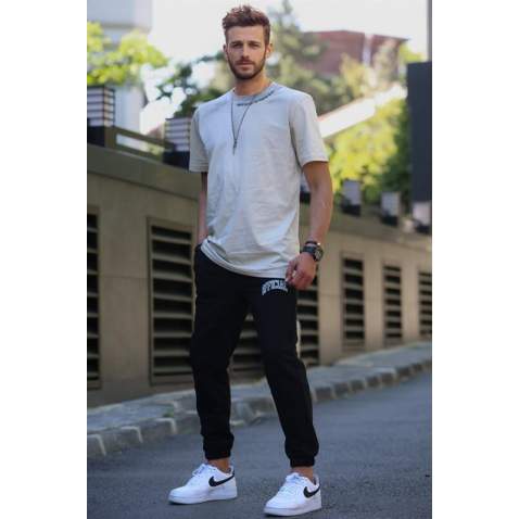 Men Beige Basic T-Shirt Tracksuit 5780 - Bej