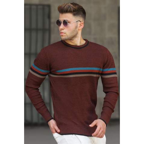 Madmext Men Striped Tile Red Sweater 5160 - Kiremit