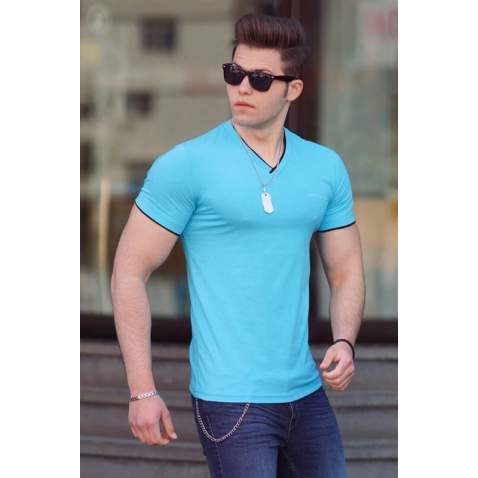 Madmext Blue Basic V Neck T-shirt for Men 4447 - Mavi