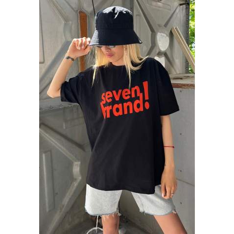 Women Printed Oversize Black T-Shirt MG1489 - Siyah