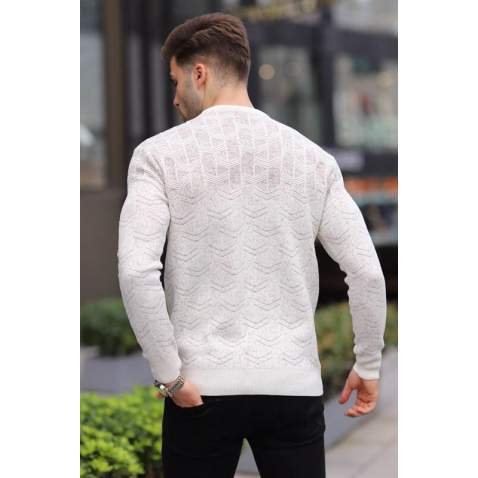 White Designed Knitwear Sweater 5971 - Kemik rengi