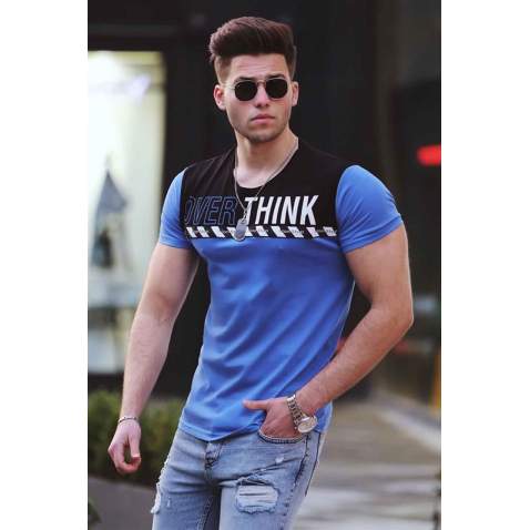 Madmext Blue "Over Think" Printed T-shirt for Men 3080 - Sax mavi