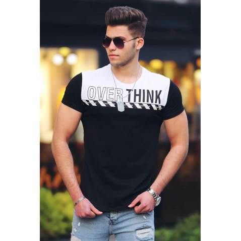 Madmext Black "Over Think" Printed T-shirt for Men 3080 - Siyah