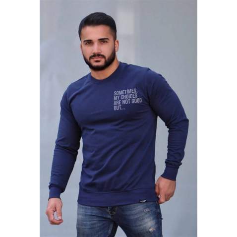 Madmext Navy Blue Printed Sweatshirt 4137 - Lacivert