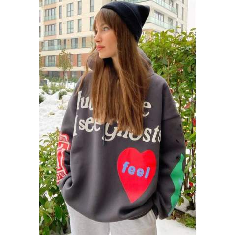 Mad Girls Printed Oversize Black Sweatshirt MG903