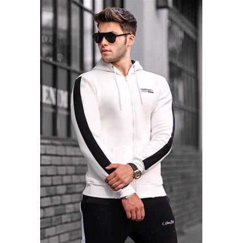 Madmext Beyaz Basic Fermuarlı Kapşonlu Sweatshirt 4191 - Beyaz