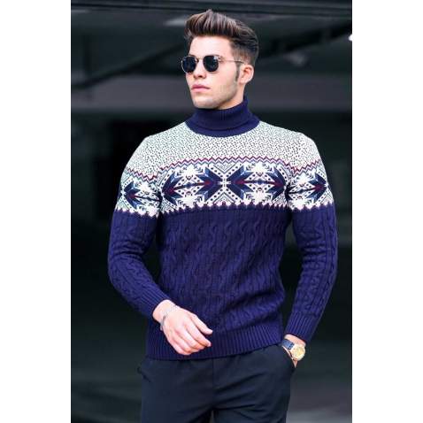 Madmext Navy Blue V-Neck Patterned Jumper 4731 - Lacivert