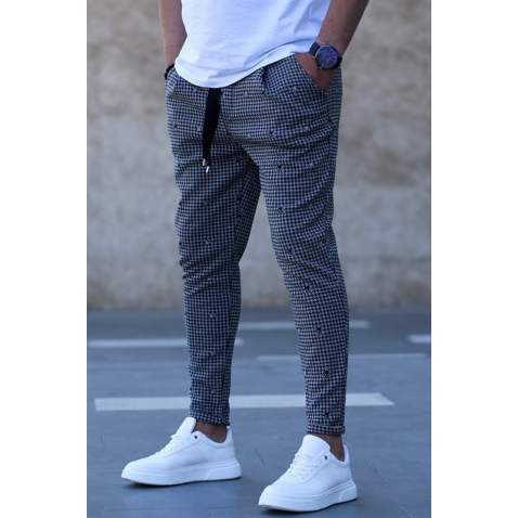 Madmext Men Checkered White Sweatpants 4219 - Beyaz