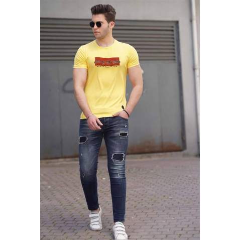 Madmext Yellow Printed T-shirt for Men 4589 - Sarı