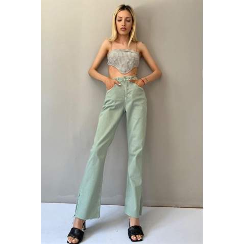 Women Almond Green Side Slit Cuff Jeans - Mint yeşili