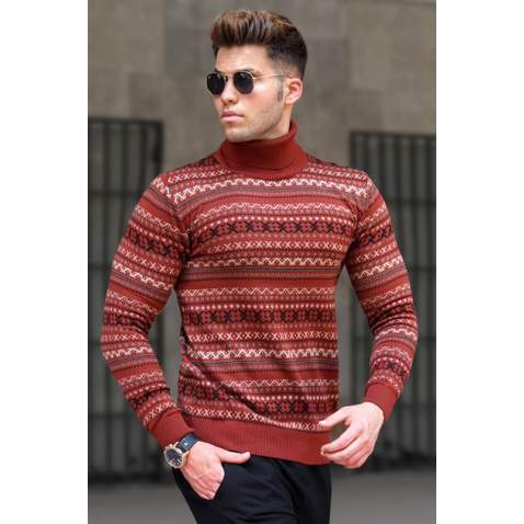 Madmext Men Turtleneck Tile Red Knitted Sweater 5170 - Kiremit