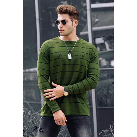 Madmext Khaki Striped Men Knitwear Jumper 9412 - Haki