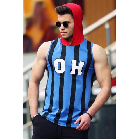 Madmext Black-Blue Striped T-shirt with Hood for Men 4024 - Çok renkli