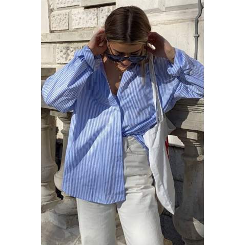 Blue Striped Over Fit Shirt MG1525 - Mavi