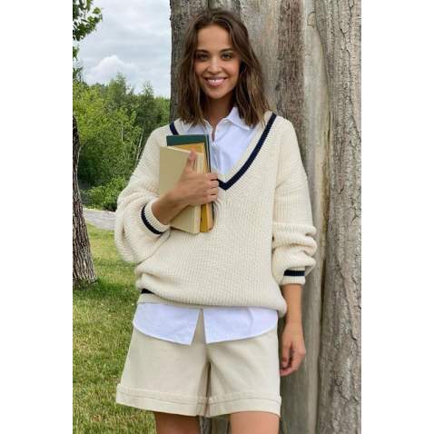 Women Ecru Knitted V Neck Sweater MG1373 - Ekru