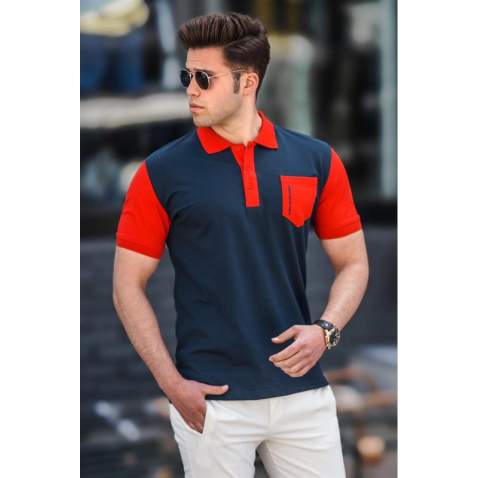 Madmext Men Knitted Front Pocket Navy Blue Polo T-shirt 5246 - Lacivert